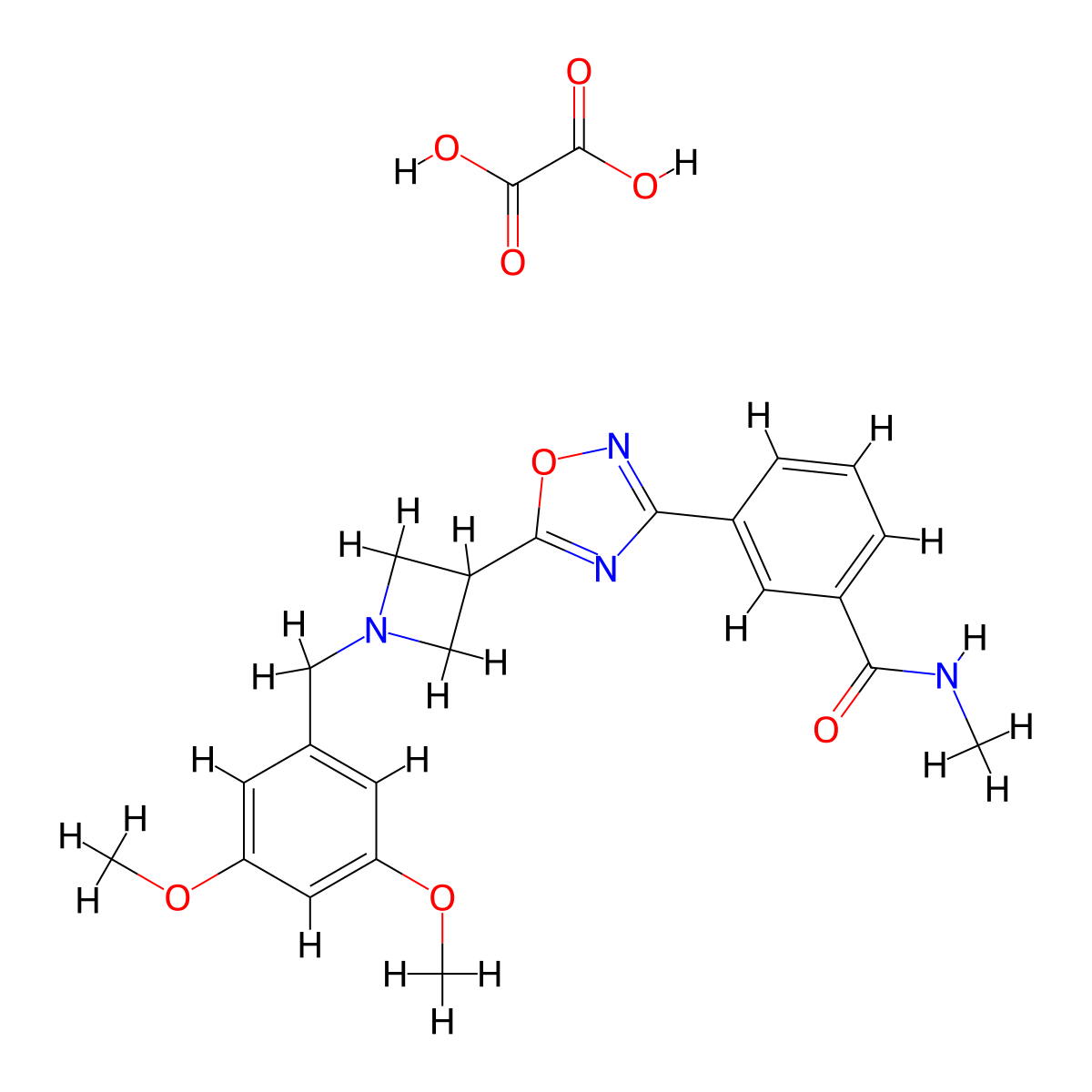 3-(5-(1-(3,5-dimethoxybenzyl)azetidin-3-yl)-1,2,4-oxadiazol-3-yl)-N-methylbenzamide oxalate molecular structure, CAS 1396888-17-7