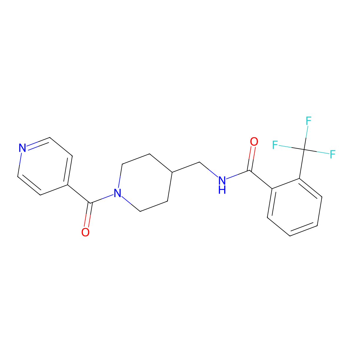 N-((1-isonicotinoylpiperidin-4-yl)methyl)-2-(trifluoromethyl)benzamide molecular structure, CAS 1396888-30-4