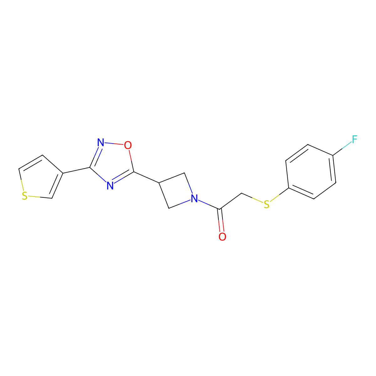 2-((4-Fluorophenyl)thio)-1-(3-(3-(thiophen-3-yl)-1,2,4-oxadiazol-5-yl)azetidin-1-yl)ethanone molecular structure, CAS 1396888-39-3