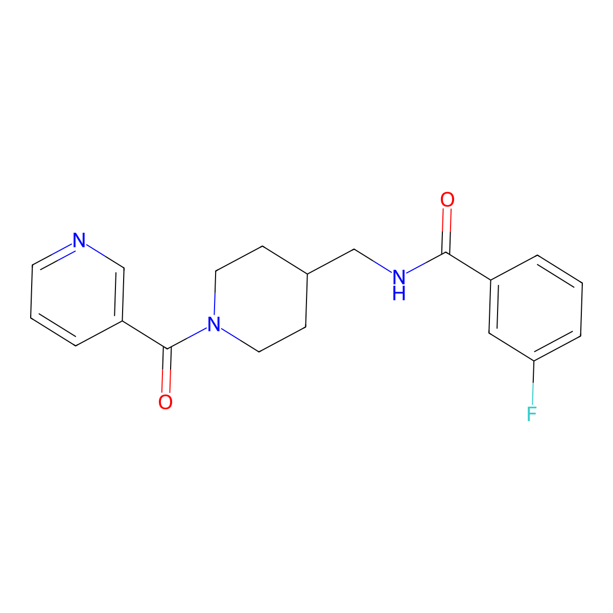 3-fluoro-N-((1-nicotinoylpiperidin-4-yl)methyl)benzamide molecular structure, CAS 1396888-44-0