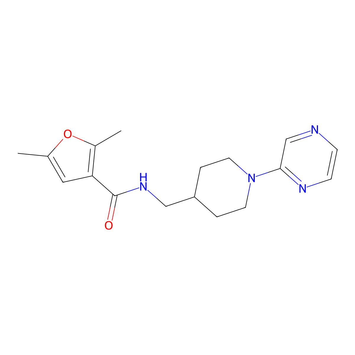 2,5-dimethyl-N-{[1-(pyrazin-2-yl)piperidin-4-yl]methyl}furan-3-carboxamide molecular structure, CAS 1396888-67-7