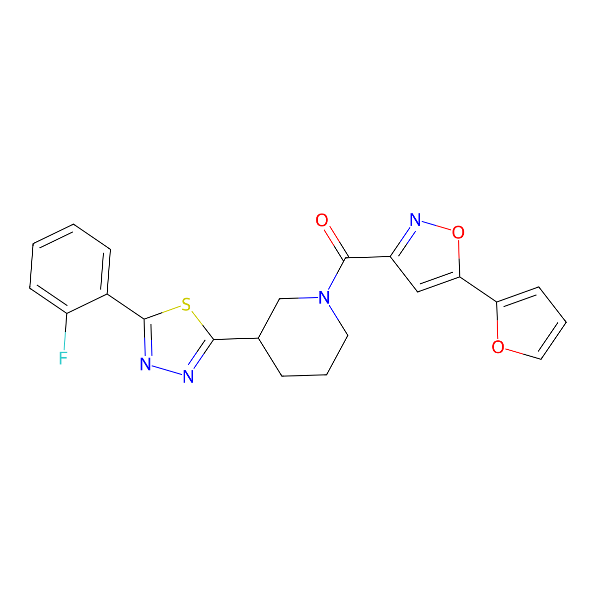 (3-(5-(2-Fluorophenyl)-1,3,4-thiadiazol-2-yl)piperidin-1-yl)(5-(furan-2-yl)isoxazol-3-yl)methanone molecular structure, CAS 1396888-91-7