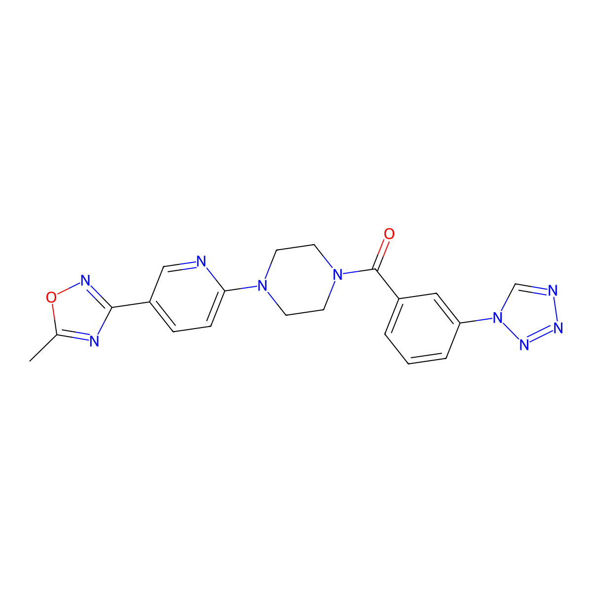 (3-(1H-tetrazol-1-yl)phenyl)(4-(5-(5-methyl-1,2,4-oxadiazol-3-yl)pyridin-2-yl)piperazin-1-yl)methanone molecular structure, CAS 1396889-01-2