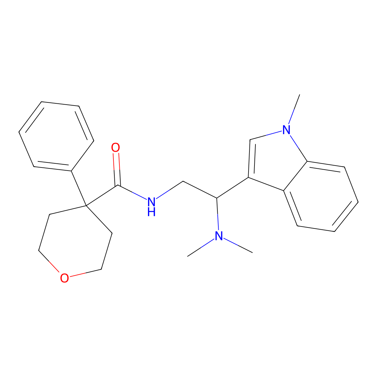 N-(2-(dimethylamino)-2-(1-methyl-1H-indol-3-yl)ethyl)-4-phenyltetrahydro-2H-pyran-4-carboxamide molecular structure, CAS 1396889-16-9