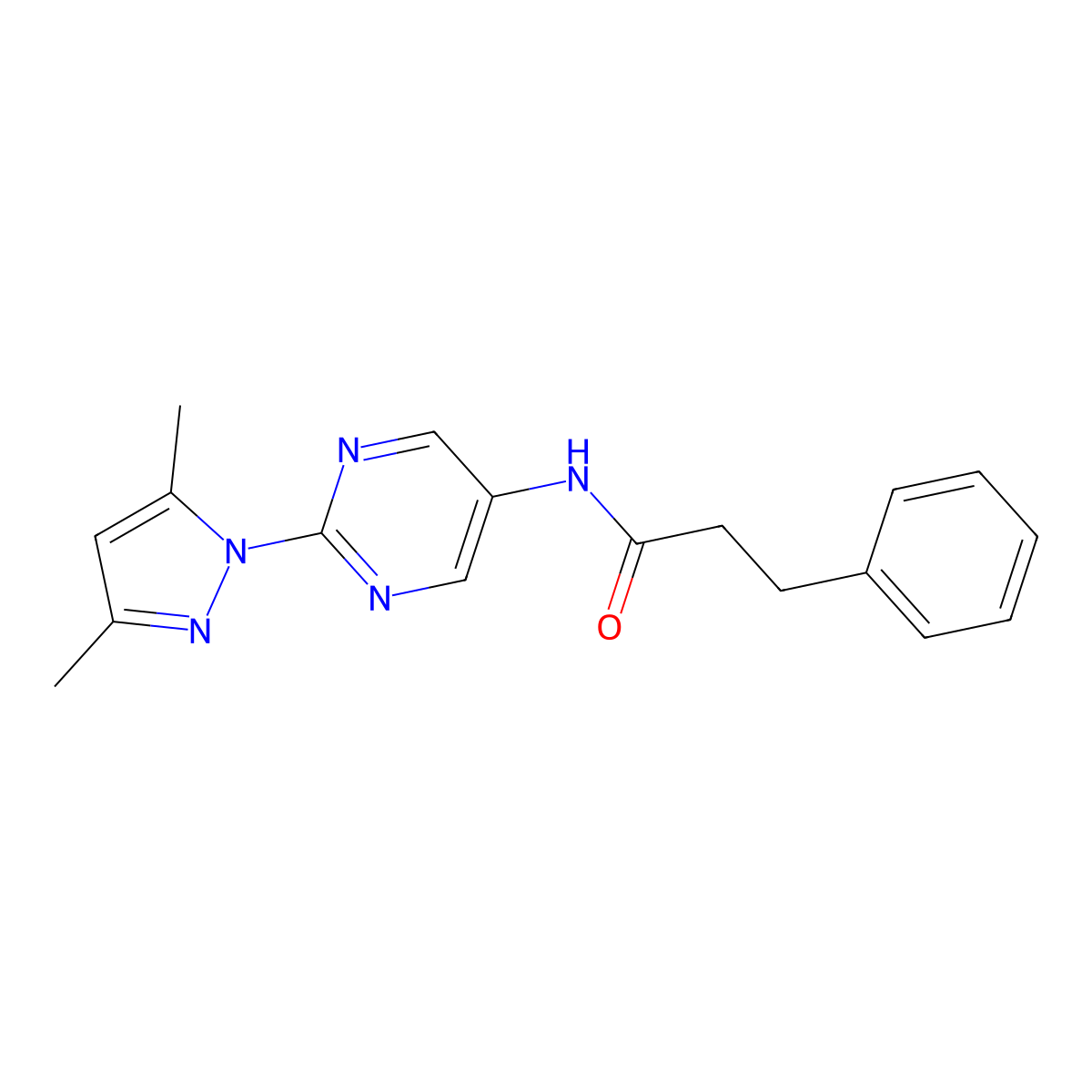 N-(2-(3,5-dimethyl-1H-pyrazol-1-yl)pyrimidin-5-yl)-3-phenylpropanamide molecular structure, CAS 1396889-23-8