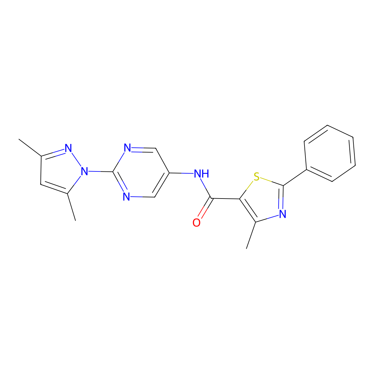 N-(2-(3,5-dimethyl-1H-pyrazol-1-yl)pyrimidin-5-yl)-4-methyl-2-phenylthiazole-5-carboxamide molecular structure, CAS 1396889-24-9