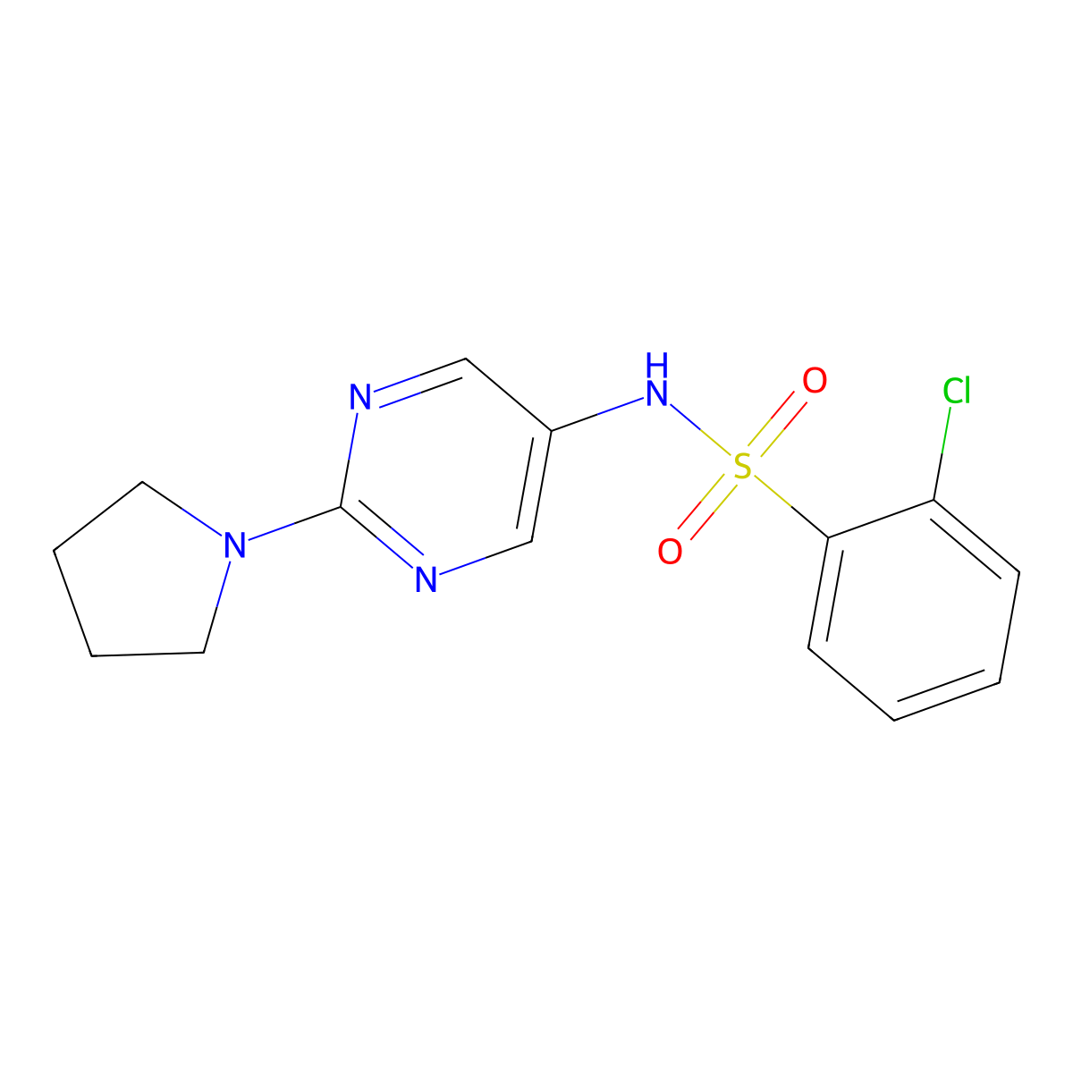 2-chloro-N-(2-(pyrrolidin-1-yl)pyrimidin-5-yl)benzenesulfonamide molecular structure, CAS 1396889-51-2