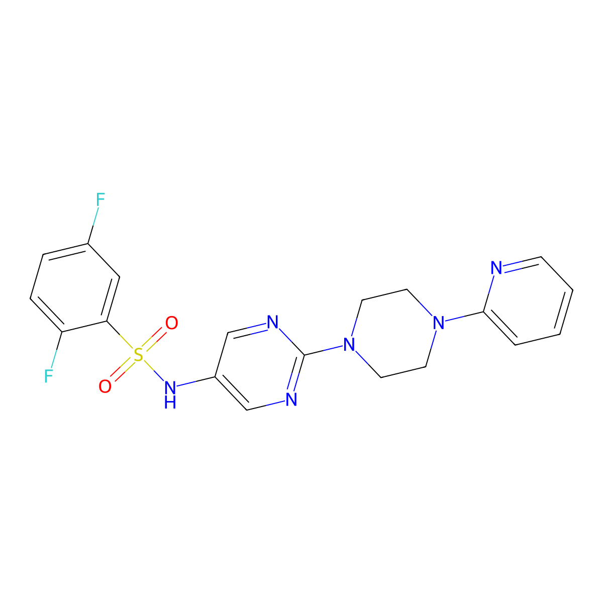 2,5-difluoro-N-(2-(4-(pyridin-2-yl)piperazin-1-yl)pyrimidin-5-yl)benzenesulfonamide molecular structure, CAS 1396889-56-7