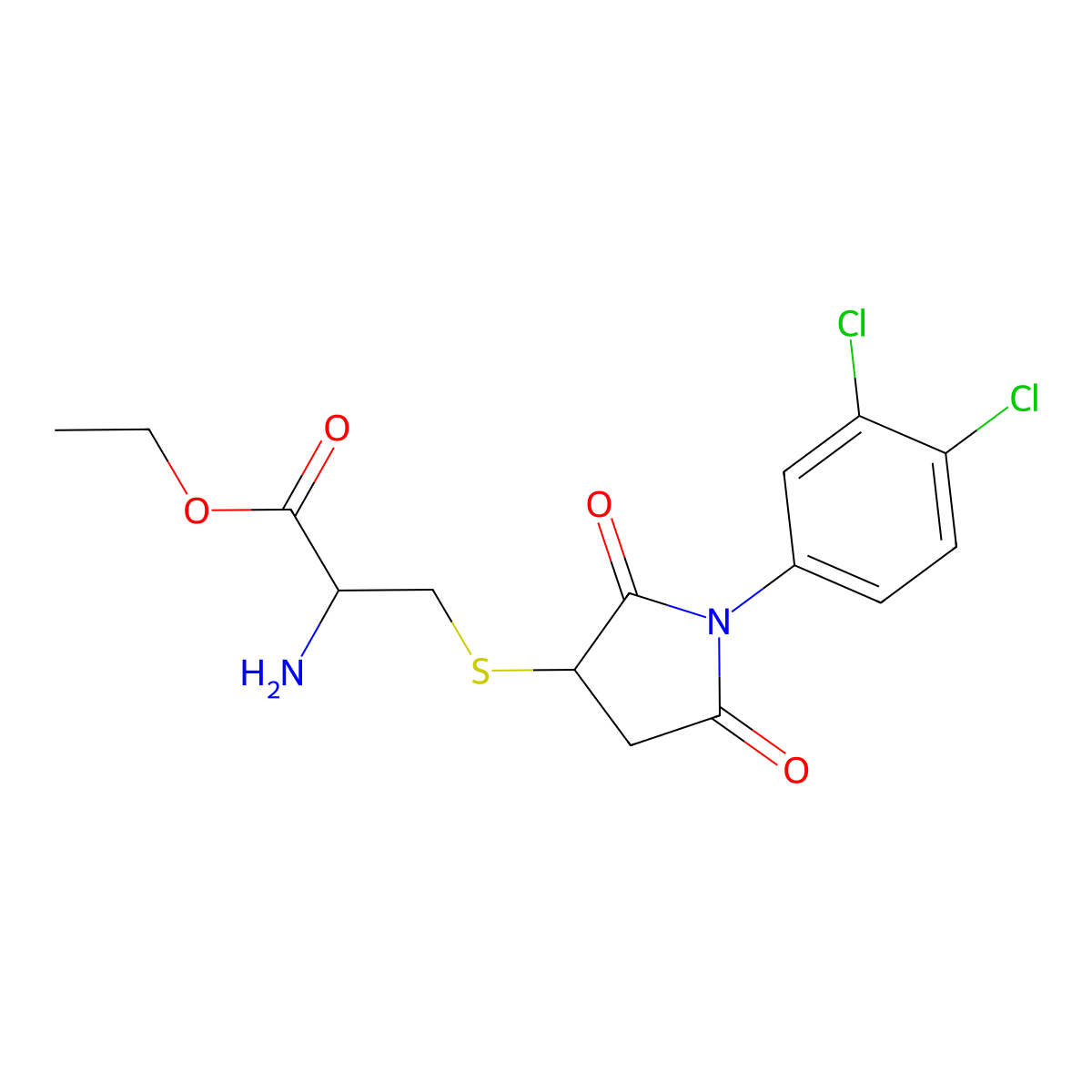 Ethyl 2-amino-3-((1-(3,4-dichlorophenyl)-2,5-dioxopyrrolidin-3-yl)thio)propanoate molecular structure, CAS 1396963-78-2