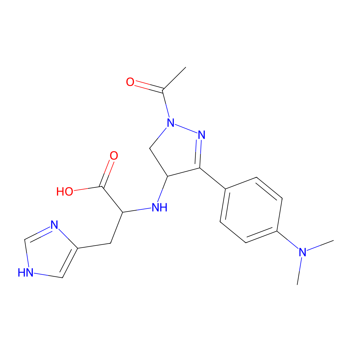 Histidine, N-[1-acetyl-3-[4-(dimethylamino)phenyl]-4,5-dihydro-1H-pyrazol-4-yl]- molecular structure, CAS 1396965-70-0