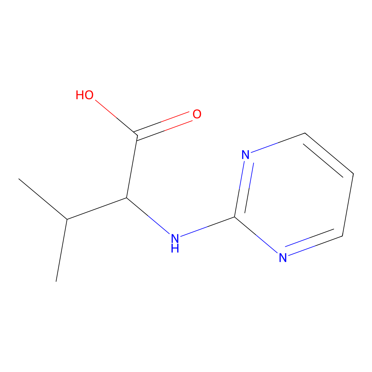 3-Methyl-2-(pyrimidin-2-ylamino)butanoic acid molecular structure, CAS 1396966-96-3