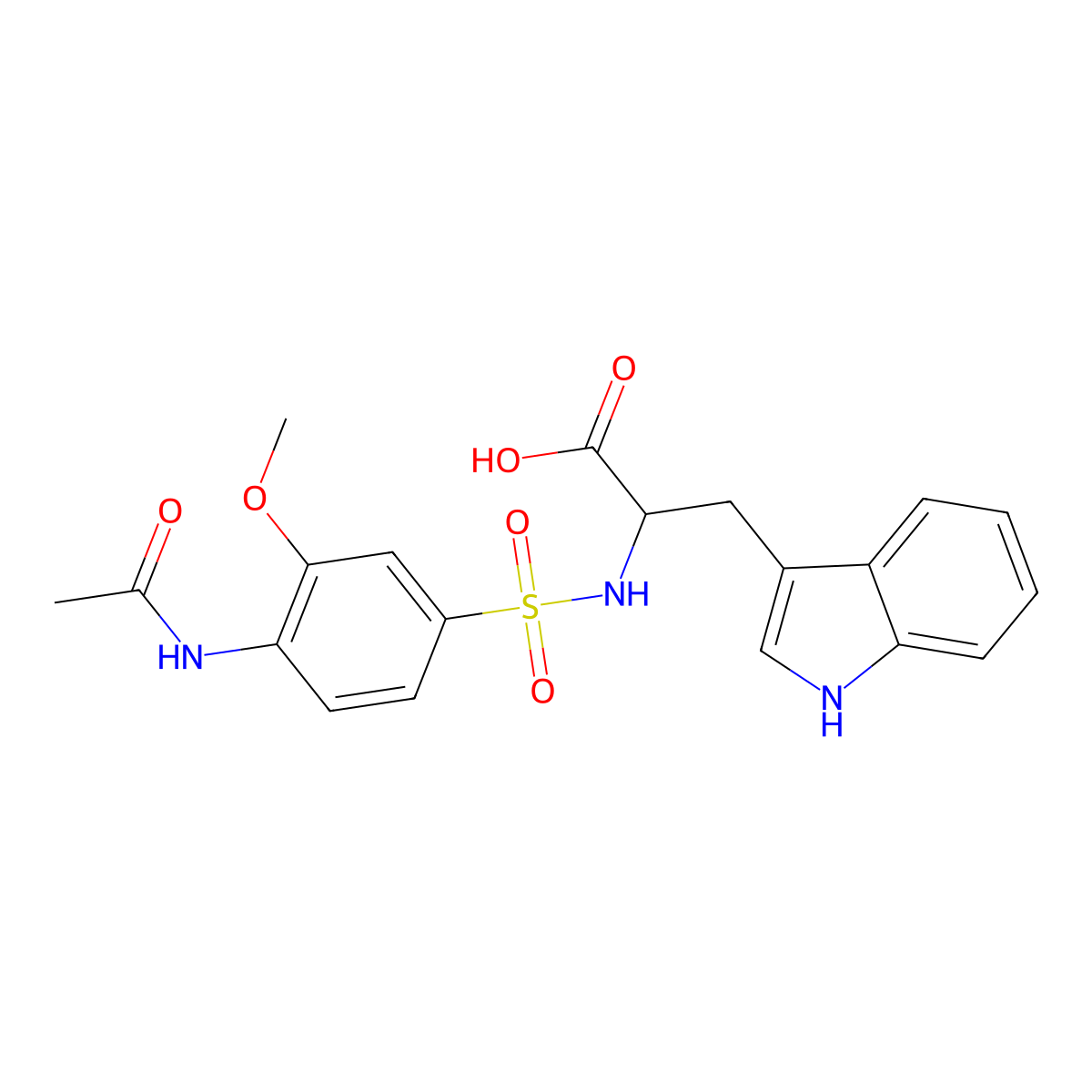 2-(4-acetamido-3-methoxybenzenesulfonamido)-3-(1H-indol-3-yl)propanoic acid molecular structure, CAS 1396966-98-5