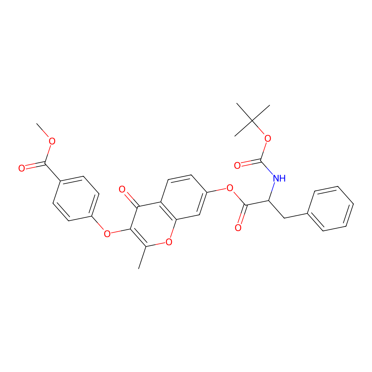 Methyl 4-[2-methyl-7-[2-[(2-methylpropan-2-yl)oxycarbonylamino]-3-phenylpropanoyl]oxy-4-oxochromen-3-yl]oxybenzoate molecular structure, CAS 1396972-84-1