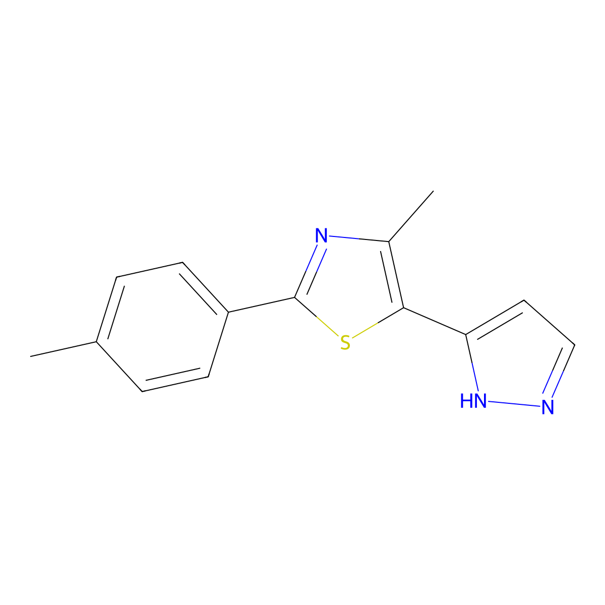 4-methyl-2-(4-methylphenyl)-5-(1H-pyrazol-5-yl)-1,3-thiazole molecular structure, CAS 1397224-18-8