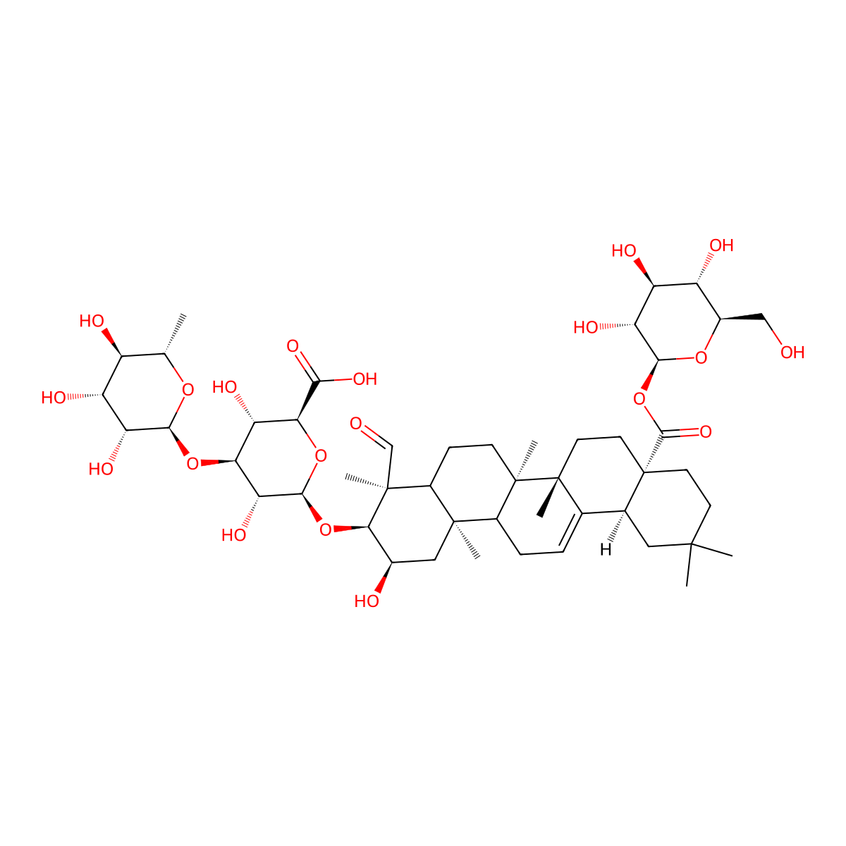 (2S,3S,4S,5R,6R)-6-[[(2R,3S,4S,6Ar,6bS,8aS,12aS,14bR)-4-formyl-2-hydroxy-4,6a,6b,11,11,14b-hexamethyl-8a-[(2S,3R,4S,5S,6R)-3,4,5-trihydroxy-6-(hydroxymethyl)oxan-2-yl]oxycarbonyl-1,2,3,4a,5,6,7,8,9,10,12,12a,14,14a-tetradecahydropicen-3-yl]oxy]-3,5-dihydroxy-4-[(2S,3R,4R,5R,6S)-3,4,5-trihydroxy-6-methyloxan-2-yl]oxyoxane-2-carboxylic acid molecular structure, CAS 139742-10-2