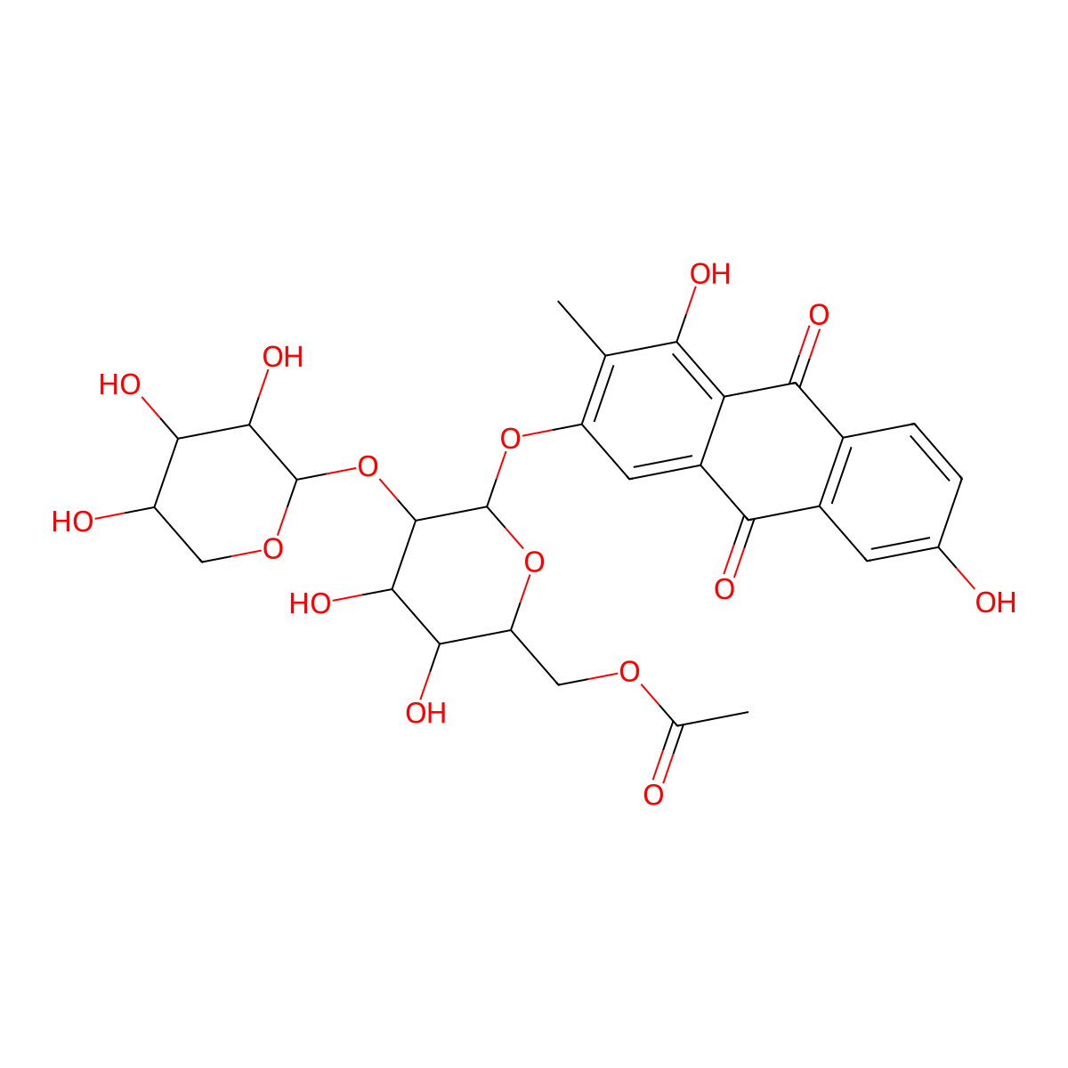 1,3,6-trihydroxy-2-methyl-9,10-anthraquinone-3-O-(6'-O-acetyl)-beta-D-xylopyranosyl-(1->2)-beta-D-glucopyranoside molecular structure, CAS 139742-39-5