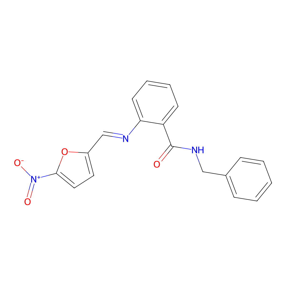 Benzamide, 2-[[(5-nitro-2-furanyl)methylene]amino]-N-(phenylmethyl)- molecular structure, CAS 139755-25-2
