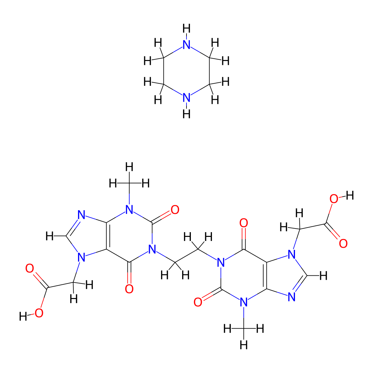 2-[1-[2-[7-(Carboxymethyl)-3-methyl-2,6-dioxopurin-1-yl]ethyl]-3-methyl-2,6-dioxopurin-7-yl]acetic acid;piperazine molecular structure, CAS 1399-36-6