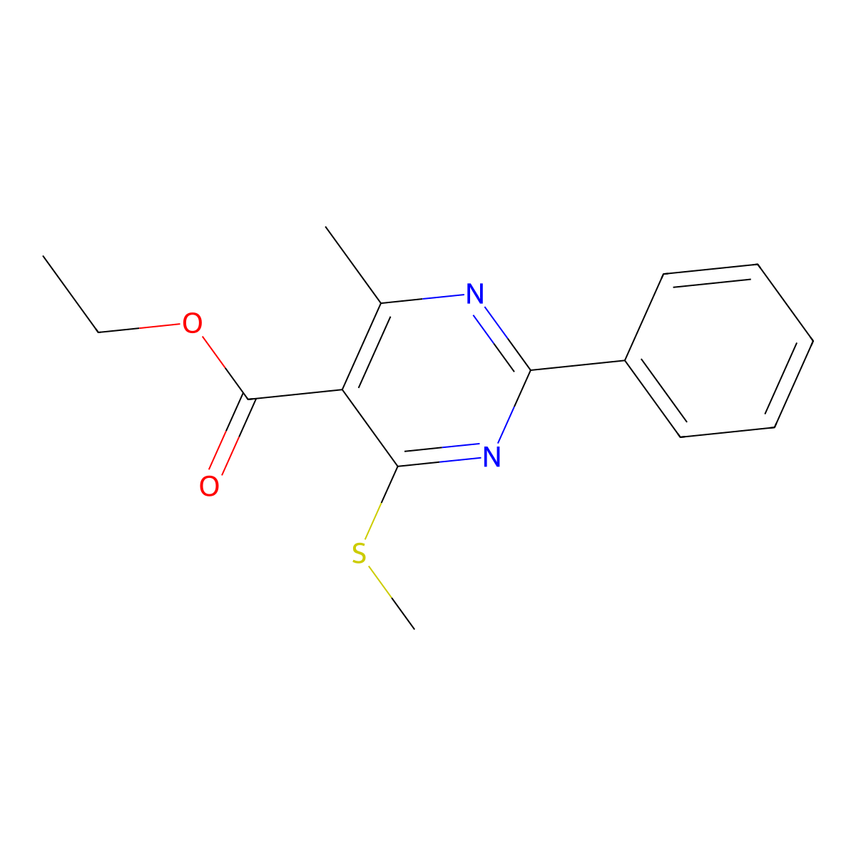 Ethyl 4-methyl-6-(methylthio)-2-phenylpyrimidine-5-carboxylate molecular structure, CAS 13995-89-6