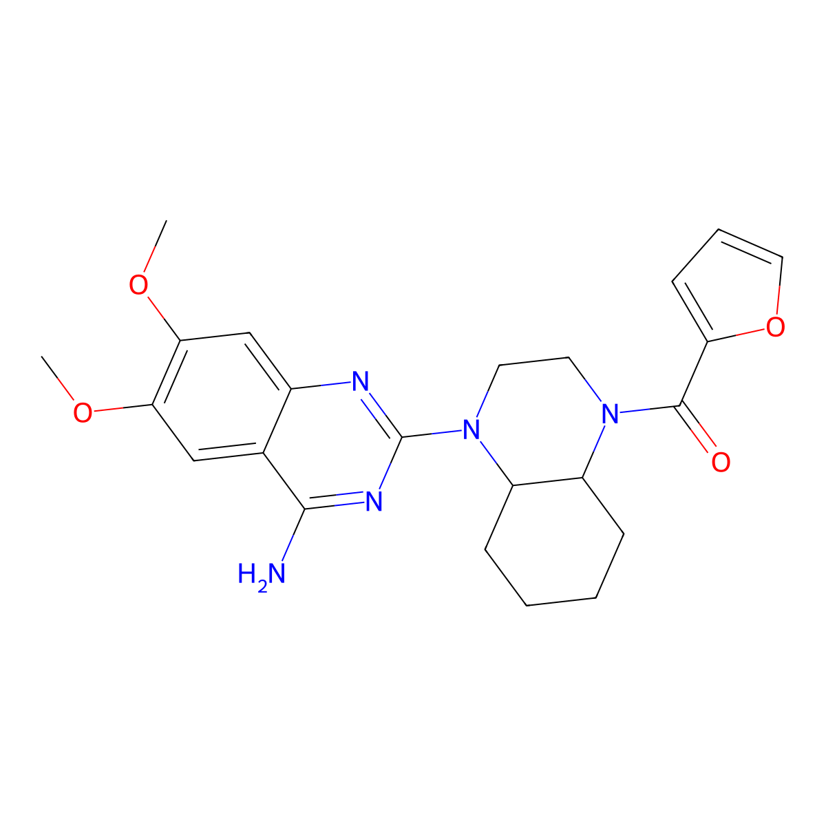 Quinoxaline, 1-(4-amino-6,7-dimethoxy-2-quinazolinyl)-4-(2-furanylcarbonyl)decahydro-, (4aR,8aS)-rel- molecular structure, CAS 139953-73-4