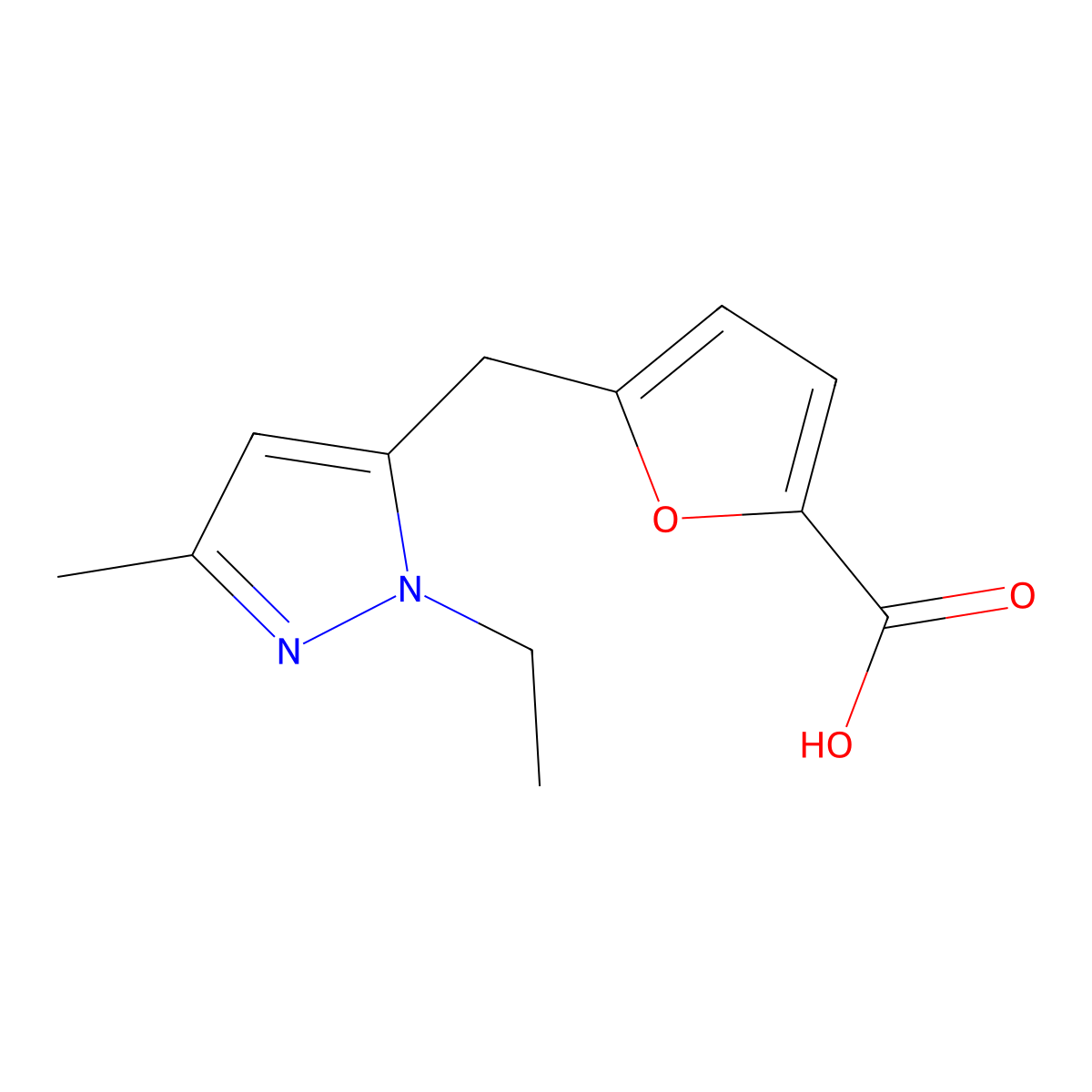 5-((1-Ethyl-3-methyl-1H-pyrazol-5-yl)methyl)furan-2-carboxylic acid molecular structure, CAS 1399654-22-8