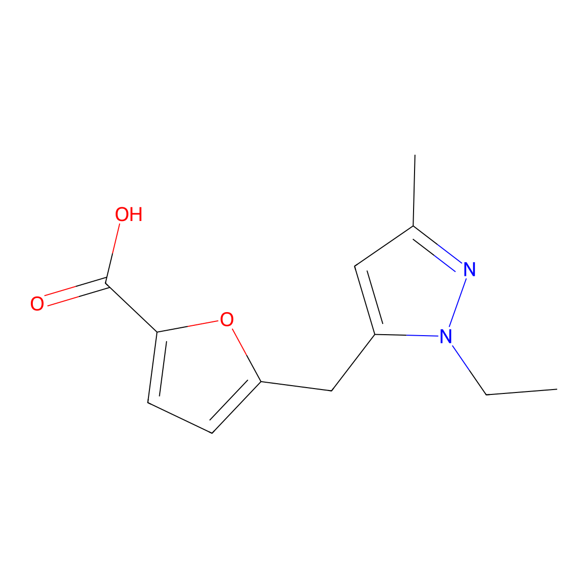 5-((1-Ethyl-3-methyl-1H-pyrazol-5-yl)methyl)furan-2-carboxylic acid molecular structure, CAS 1399654-22-8
