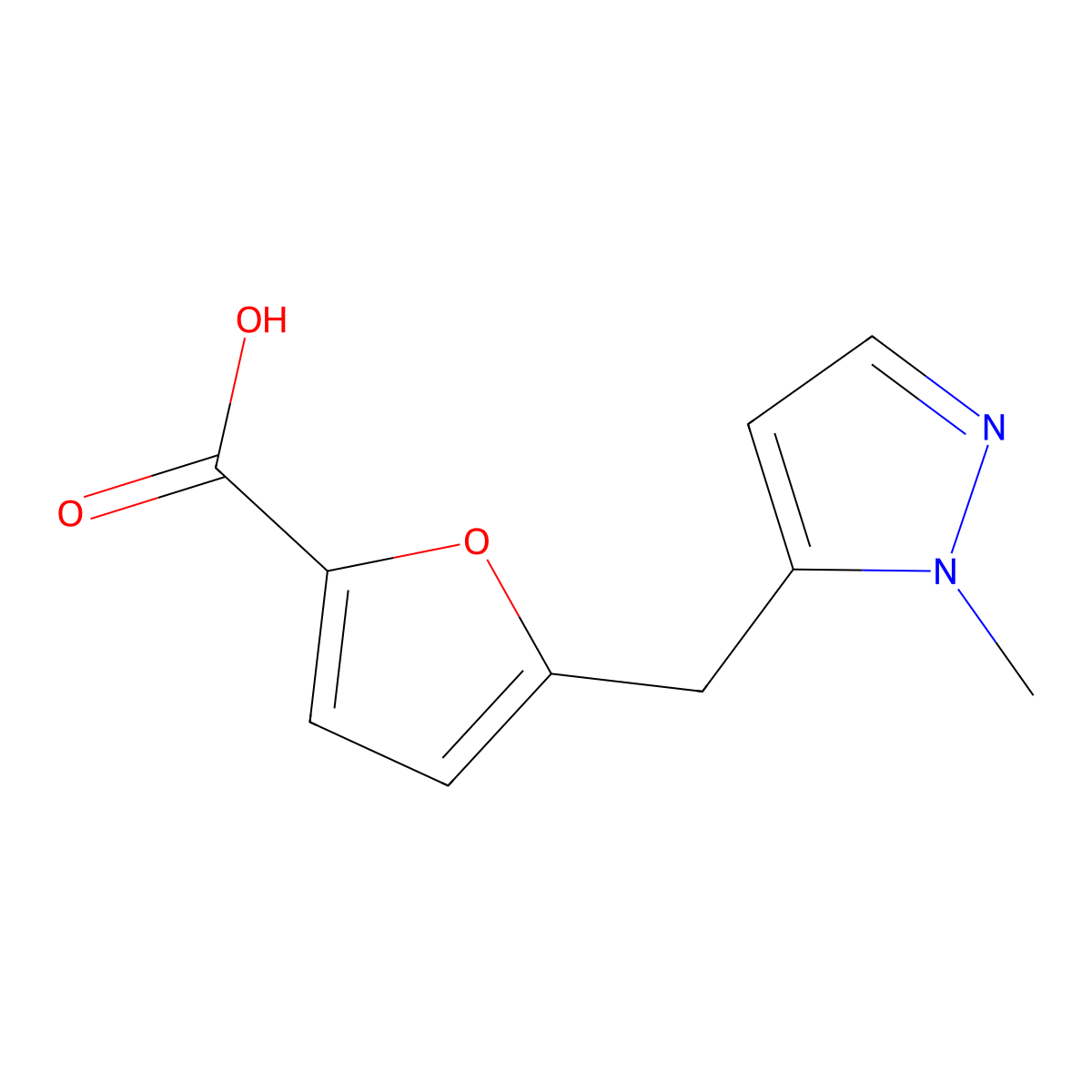 5-((1-Methyl-1H-pyrazol-5-yl)methyl)furan-2-carboxylic acid molecular structure, CAS 1399655-82-3