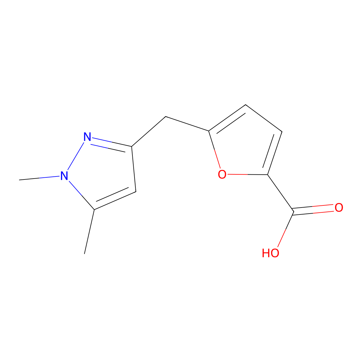 5-((1,5-Dimethyl-1H-pyrazol-3-yl)methyl)furan-2-carboxylic acid molecular structure, CAS 1399659-96-1