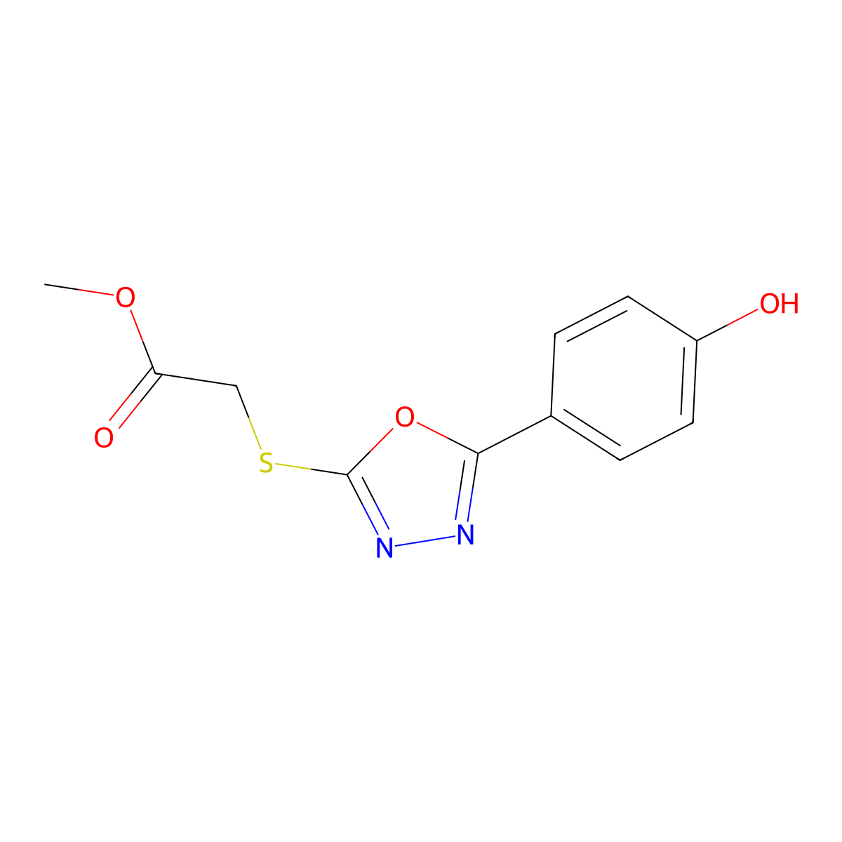 Methyl 2-((5-(4-hydroxyphenyl)-1,3,4-oxadiazol-2-yl)thio)acetate molecular structure, CAS 139980-80-6