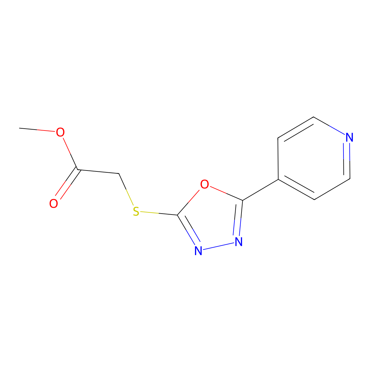 Methyl 2-(5-(4-pyridyl)-1,3,4-oxadiazol-2-ylthio)acetate molecular structure, CAS 139980-86-2