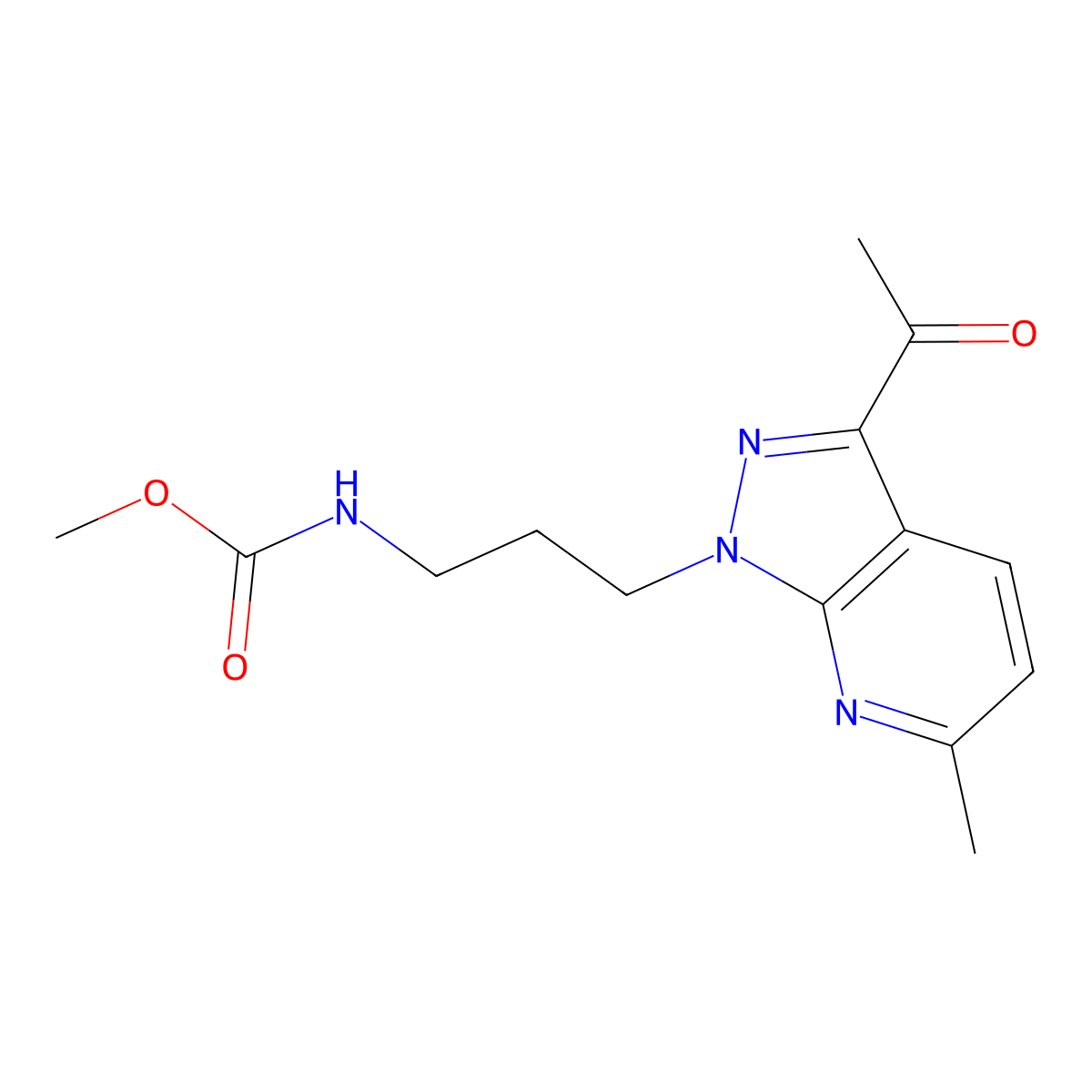 Methyl (3-(3-acetyl-6-methyl-1H-pyrazolo[3,4-b]pyridin-1-yl)propyl)carbamate molecular structure, CAS 1399850-99-7
