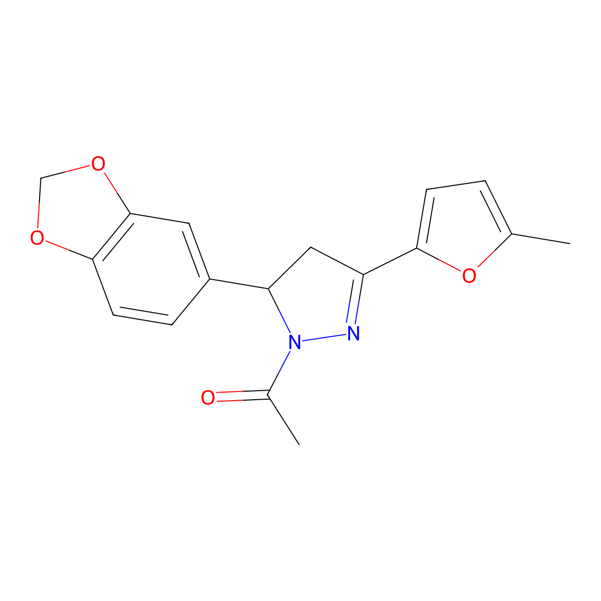 1-(5-(benzo[d][1,3]dioxol-5-yl)-3-(5-methylfuran-2-yl)-4,5-dihydro-1H-pyrazol-1-yl)ethanone molecular structure, CAS 1400025-52-6