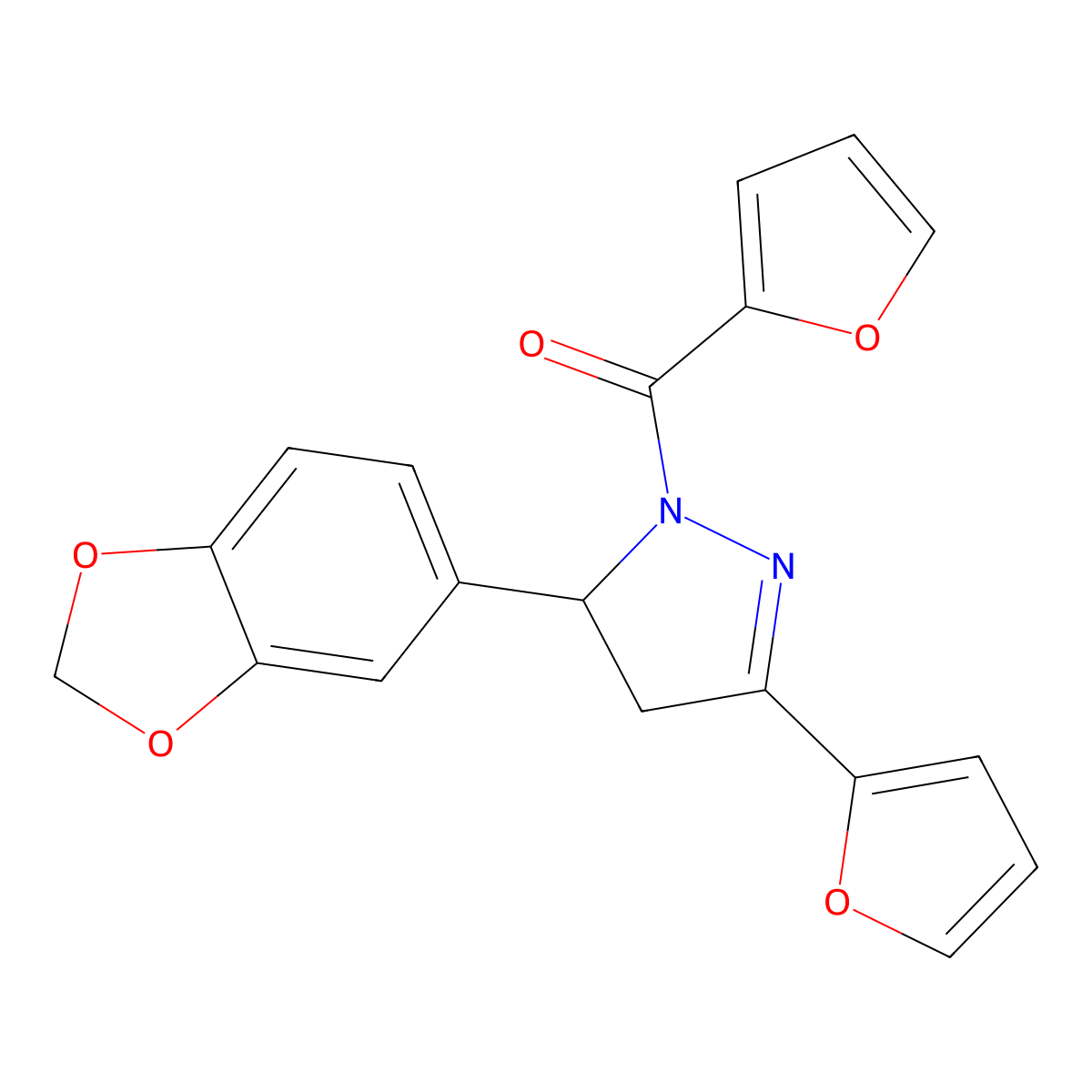 5-(2H-1,3-benzodioxol-5-yl)-1-(furan-2-carbonyl)-3-(furan-2-yl)-4,5-dihydro-1H-pyrazole molecular structure, CAS 1400025-70-8