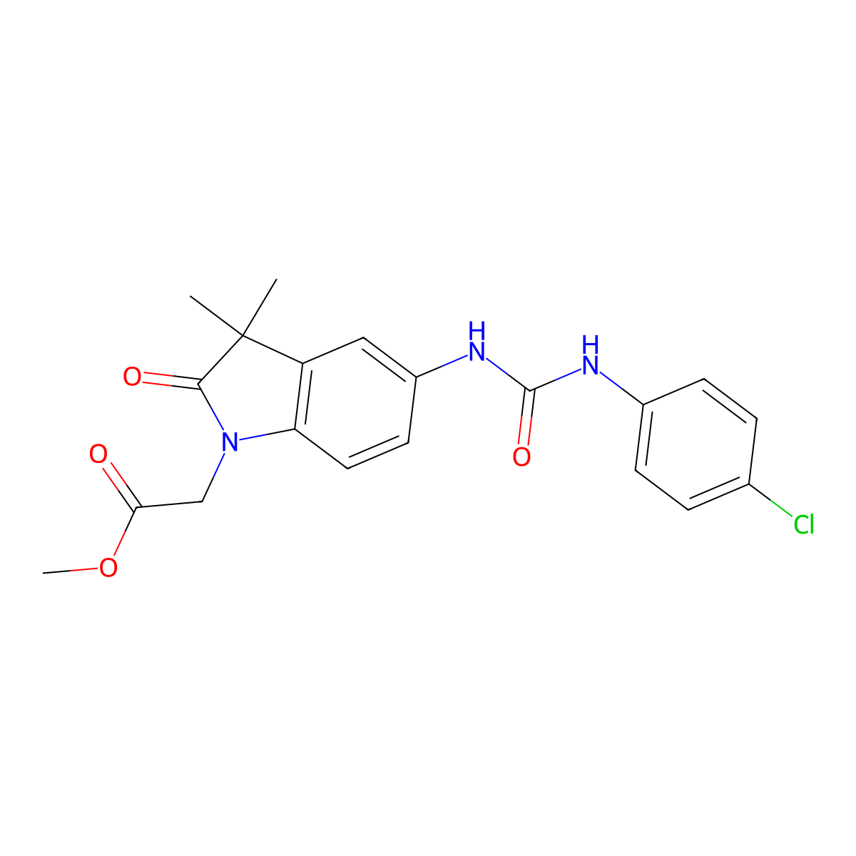 Methyl 2-(5-(3-(4-chlorophenyl)ureido)-3,3-dimethyl-2-oxoindolin-1-yl)acetate molecular structure, CAS 1400026-64-3
