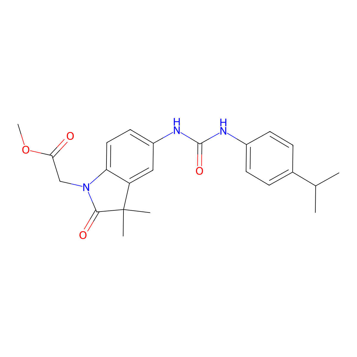 Methyl 2-(5-(3-(4-isopropylphenyl)ureido)-3,3-dimethyl-2-oxoindolin-1-yl)acetate molecular structure, CAS 1400026-72-3