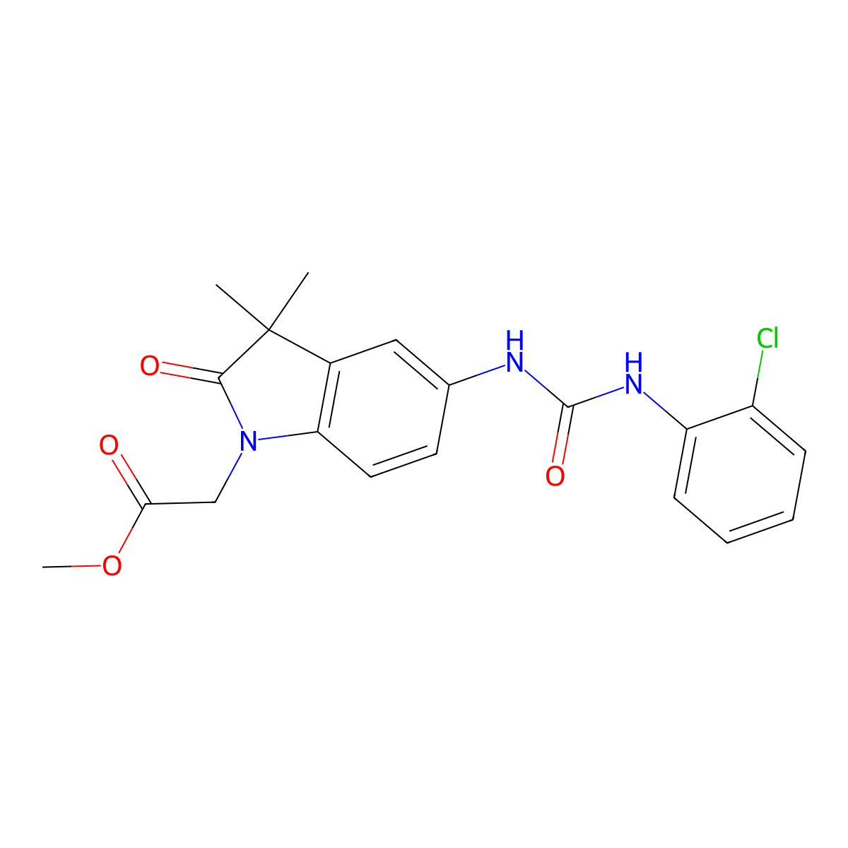 Methyl 2-(5-(3-(2-chlorophenyl)ureido)-3,3-dimethyl-2-oxoindolin-1-yl)acetate molecular structure, CAS 1400066-81-0