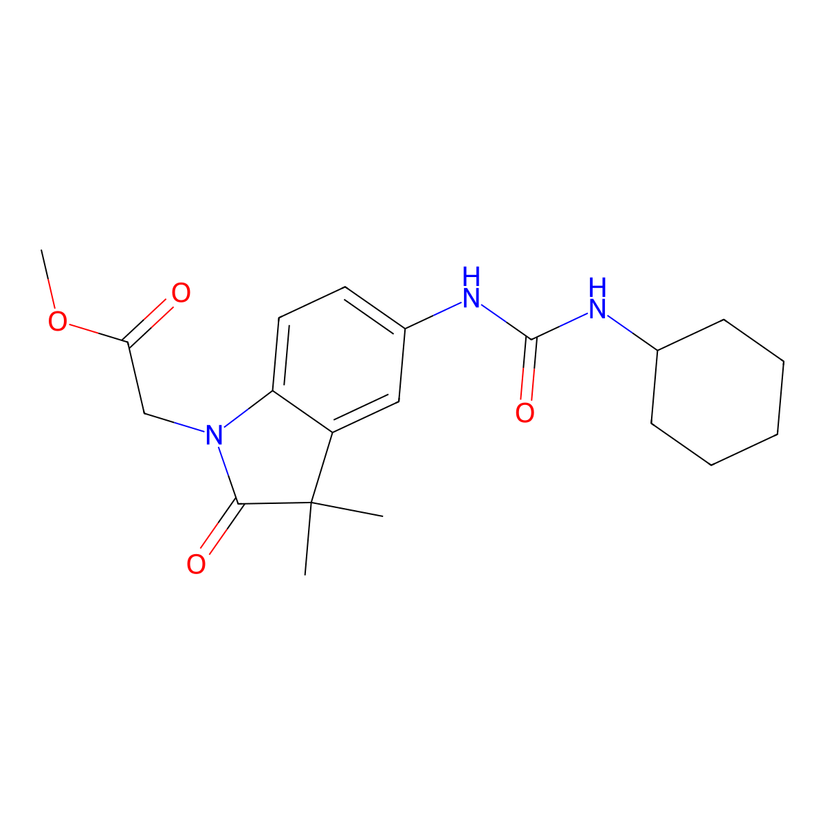 Methyl 2-(5-(3-cyclohexylureido)-3,3-dimethyl-2-oxoindolin-1-yl)acetate molecular structure, CAS 1400105-20-5