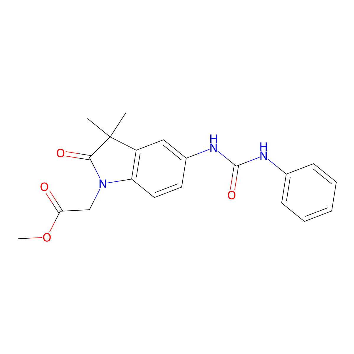 Methyl 2-(3,3-dimethyl-2-oxo-5-(3-phenylureido)indolin-1-yl)acetate molecular structure, CAS 1400106-08-2