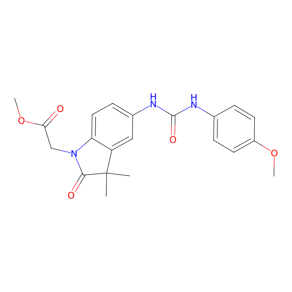 Methyl 2-(5-(3-(4-methoxyphenyl)ureido)-3,3-dimethyl-2-oxoindolin-1-yl)acetate molecular structure, CAS 1400106-33-3