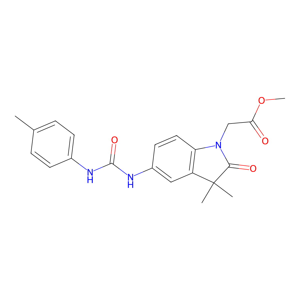 Methyl 2-(3,3-dimethyl-2-oxo-5-(3-(p-tolyl)ureido)indolin-1-yl)acetate molecular structure, CAS 1400106-61-7