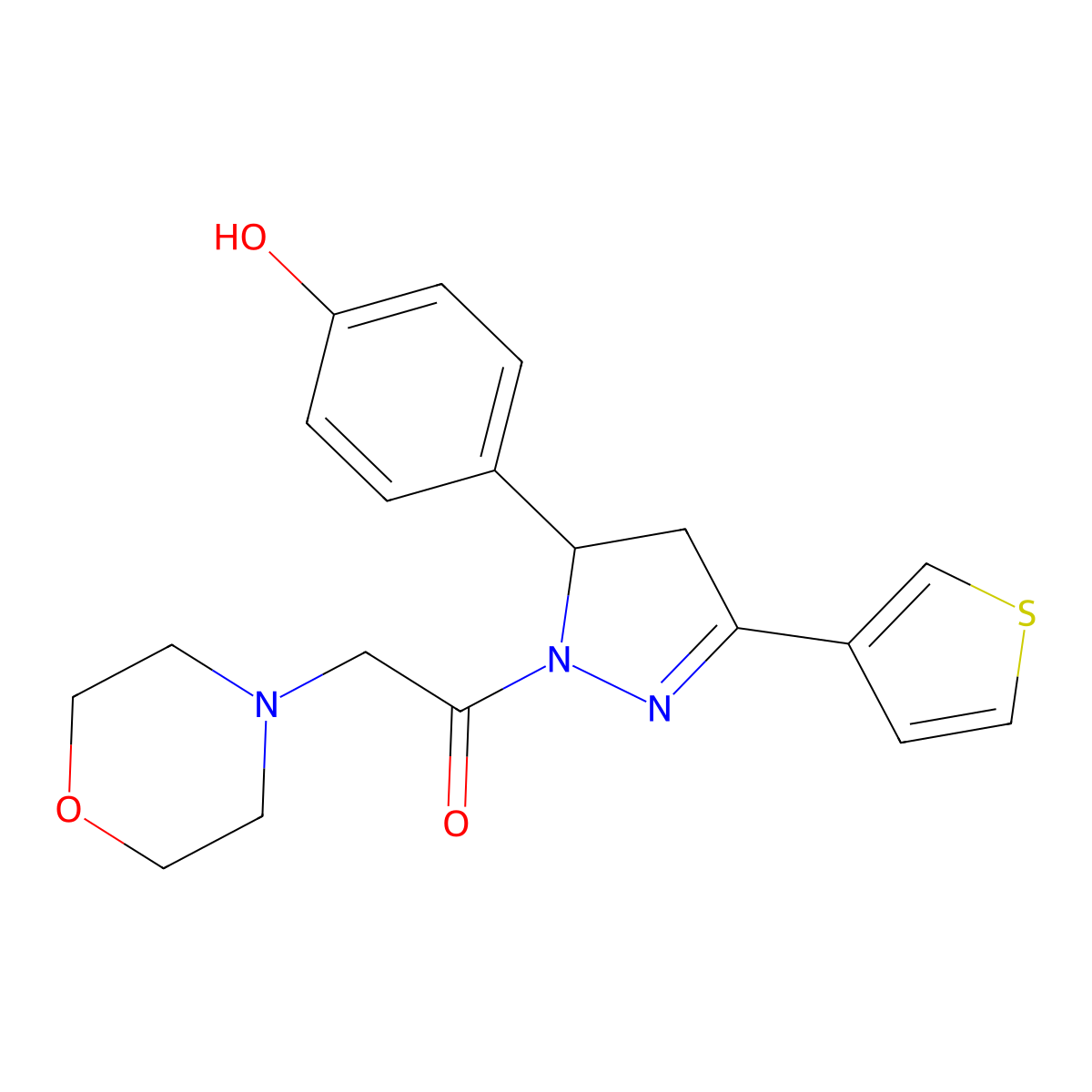 1-[5-(4-hydroxyphenyl)-3-(thiophen-3-yl)-4,5-dihydro-1H-pyrazol-1-yl]-2-(morpholin-4-yl)ethan-1-one molecular structure, CAS 1400146-21-5