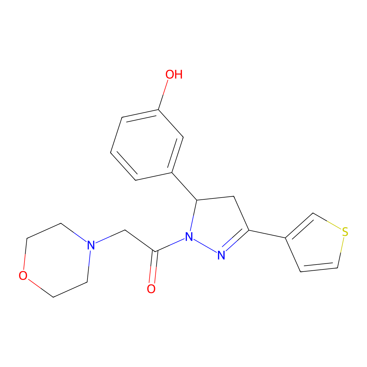 1-(5-(3-hydroxyphenyl)-3-(thiophen-3-yl)-4,5-dihydro-1H-pyrazol-1-yl)-2-morpholinoethanone molecular structure, CAS 1400147-49-0