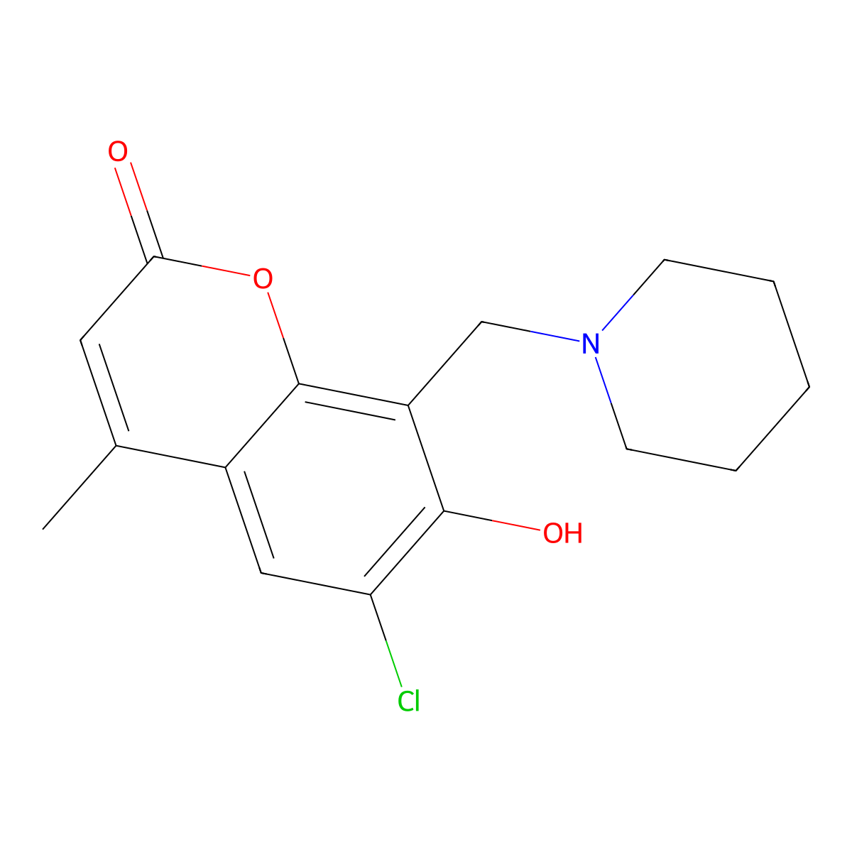 6-chloro-7-hydroxy-4-methyl-8-(piperidin-1-ylmethyl)-2H-chromen-2-one molecular structure, CAS 14003-87-3