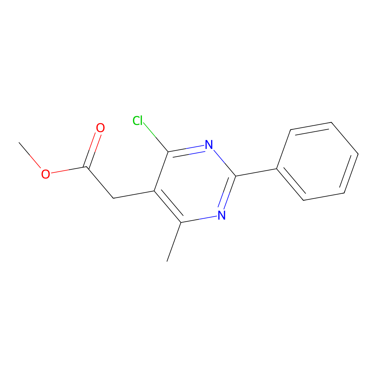 Methyl 2-(4-chloro-6-methyl-2-phenyl-5-pyrimidinyl)acetate molecular structure, CAS 1400636-40-9