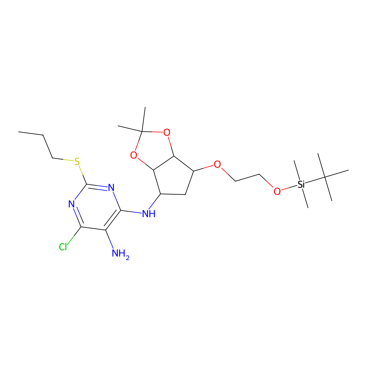 N4-((3aS,4R,6S,6aR)-6-(2-((tert-butyldimethylsilyl)oxy)ethoxy)-2,2-dimethyltetrahydro-3aH-cyclopenta[d][1,3]dioxol-4-yl)-6-chloro-2-(propylthio)pyrimidine-4,5-diamine molecular structure, CAS 1400665-91-9