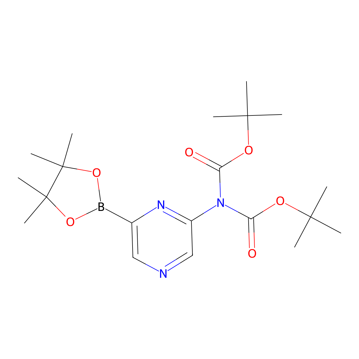 tert-butyl N-((tert-butoxy)carbonyl)-N-(6-(tetramethyl-1,3,2-dioxaborolan-2-yl)pyrazin-2-yl)carbamate molecular structure, CAS 1400668-06-5