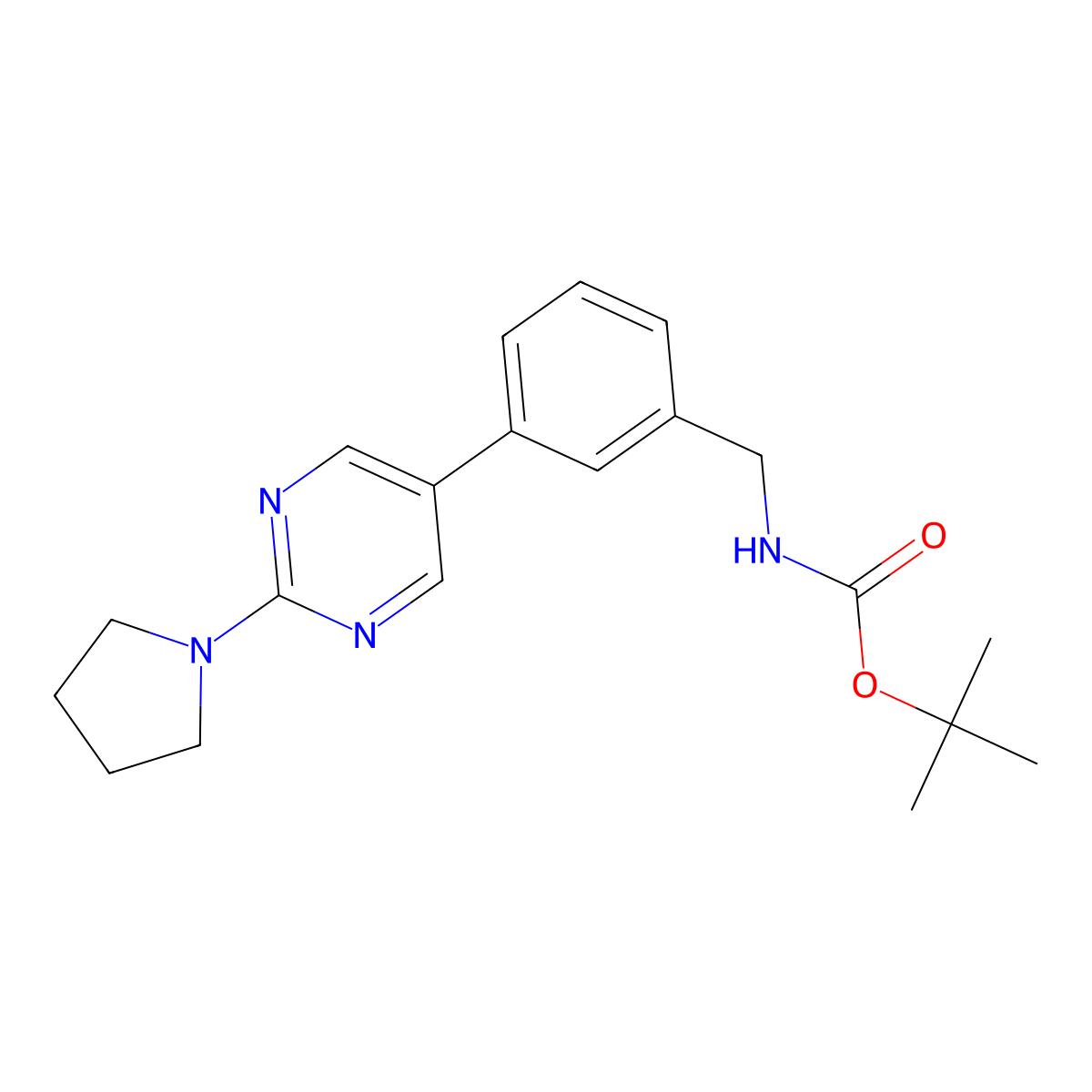 Tert-butyl (3-(2-(pyrrolidin-1-yl)pyrimidin-5-yl)benzyl)carbamate molecular structure, CAS 1400755-82-9