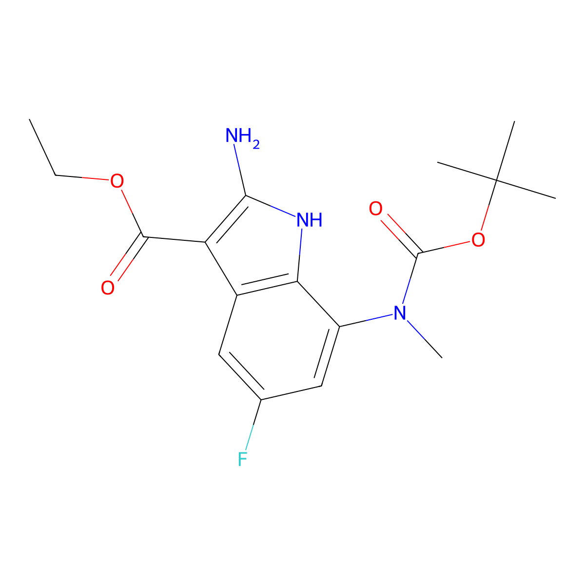 2-Amino-7-(Boc-methyl-amino)-5-fluoro-1H-indole-3-carboxylic acid ethyl ester molecular structure, CAS 1400808-16-3