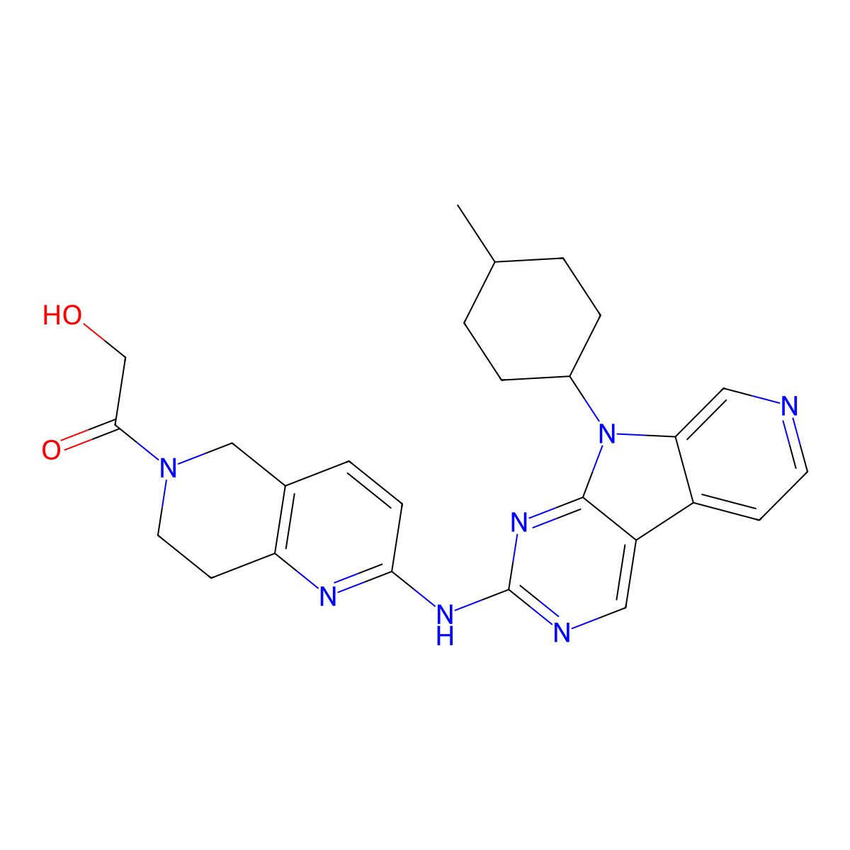 Ethanone, 1-(7,8-dihydro-2-((9-(trans-4-methylcyclohexyl)-9H-pyrido(4',3':4,5)pyrrolo(2,3-d)pyrimidin-2-yl)amino)-1,6-naphthyridin-6(5H)-yl)-2-hydroxy- molecular structure, CAS 1401033-86-0