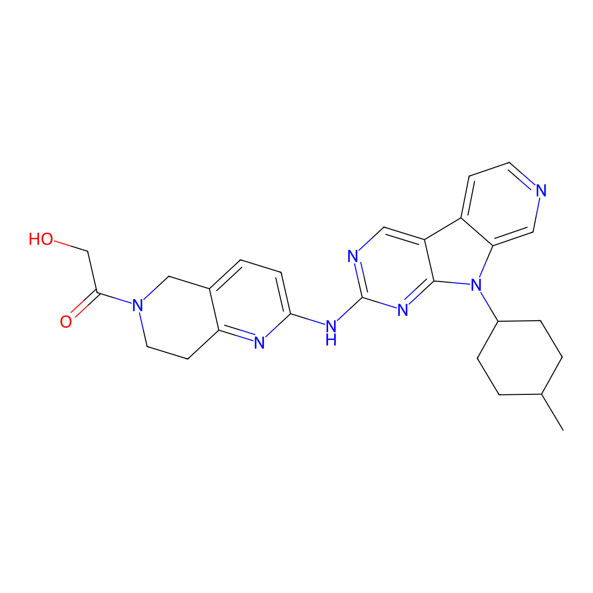 Ethanone, 1-(7,8-dihydro-2-((9-(trans-4-methylcyclohexyl)-9H-pyrido(4',3':4,5)pyrrolo(2,3-d)pyrimidin-2-yl)amino)-1,6-naphthyridin-6(5H)-yl)-2-hydroxy- molecular structure, CAS 1401033-86-0